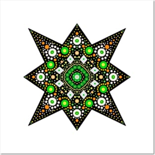 Eight-Pointed Star Mandala Green-Orange-Yellow-White Posters and Art